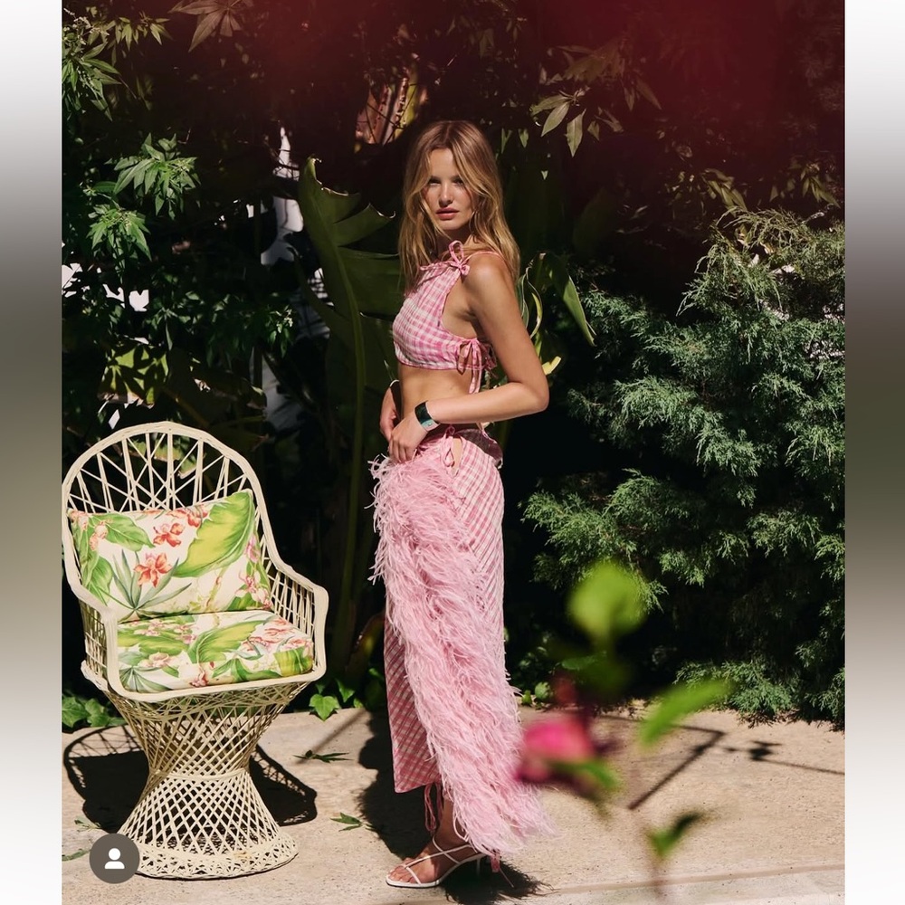 Pink Gingham Two-Piece Set with Feather Detail